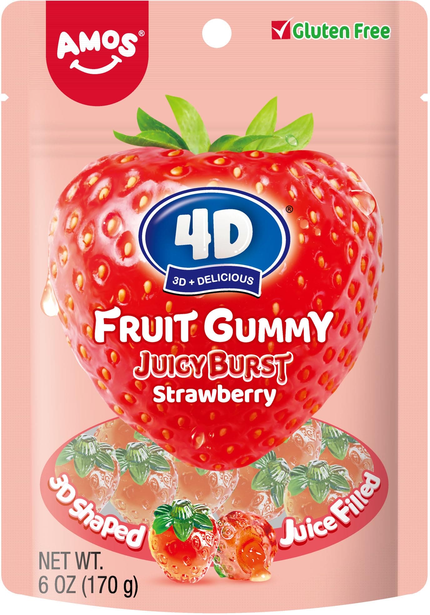 Amos 4D Gummy Juicy Burst Strawberry 6oz Bag